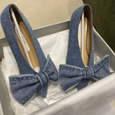 LIZAKOSHT  -  New Blue Square Toe Bowknot Princess Single Shoes Spring and Summer Denim Shallow Mouth Sweet Personality Casual Flat Shoes