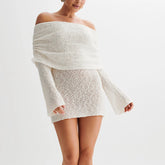 LIZAKOSHT - Sexy Women Bodycon Knitted Mini Dress Elegant Lady Boat Neck Off Shoulder Long Sleeve Casual Fuzzy Short Dress Party Cub