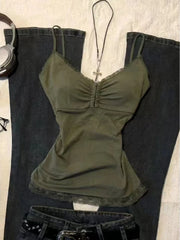 LIZAKOSHT - Vintage Hot Girl Women's Lace Skinny Camisole Sexy Y2k Thin Aesthetic Hepburn Patchwork Tees Summer Fashion Slim Green Slip New