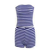 LIZAKOSHT  -  Women's Contrasting Color Casual Stripe Matching Set Strapless Cropped Vest+Shorts Fashion Sexy Slim Fit Holiday Streetwear
