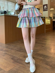 LIZAKOSHT - Rainbow Plaid Mini Skirts Preppy Style Women Slim Chic Sweet Party Summer 2024 High Street Daily Casual Gentle