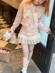 LIZAKOSHT - Pink Kawaii Elegant Skirt Suit Women Plaid Korean Sweet Two Piece Set Winter Long Sleeve O-neck Coat + Party Mini Skirt New