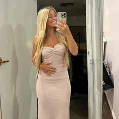 LIZAKOSHT - Street Sle High Waist Wrap Chest One oulder Long Dr Women's Slim Fit Split Skirt Polyester Fiber No Sve Pure Color