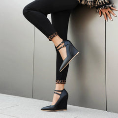 LIZAKOSHT - new spring summer women pumps plus size 22-28cm Superfiber upper pointed toe wedges buckle Mary Jane shoes high heels