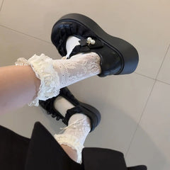 LIZAKOSHT - British Style Vintage Women Mary Jane Shoes Concise Butterfly-knot Single Shoes Ladies Height Increase Dress Leather Pumps