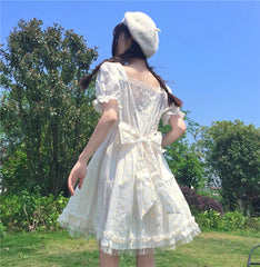 LIZAKOSHT - Summer Dress New Japanese Girl Style Fresh Square Collar Small Daisy Bubble Sleeve High Waist Dress Victorian Kawaii Girl