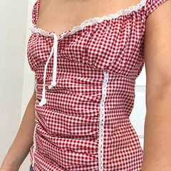 LIZAKOSHT - Y2K Fairycore Crop Tops Red Gingham Coquette Picnic Ruffled Blouse Vest Lace Trim Tie Up Square Collar Milkmaid Tops Cute