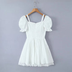 LIZAKOSHT - Summer Sweet Princess Mini Dress Women Puff Sleeve Spliced Lace Slim Waist Ruffle Hem Cake Party Robe Fairy Vestidos