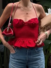 LIZAKOSHT - Red Halter Backless Ruffle Crop Top Women Ruched Bust Frill Hem Slim Fit Summer Casual Y2K Sleeveless Camisole for Beach Date