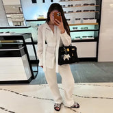 LIZAKOSHT - Casual Women's Lace Up Shirts Long Sleeve Solid Waist-Closed Button Lady Blouse 2025 Fall Fashion Female Streetwear New