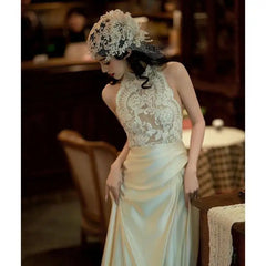 LIZAKOSHT - Flower Fairy French Satin Flower Princess Bridal Tail Wedding Dress Wedding Toast Dress Morning Robe