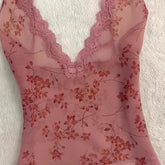 LIZAKOSHT - Perspective Sexy Mesh V-Neck Suspender Top Flower Spice Sleeveless Slim Fit Lace Dew Bottom Outer Vest