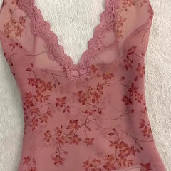 LIZAKOSHT - Perspective Sexy Mesh V-Neck Suspender Top Flower Spice Sleeveless Slim Fit Lace Dew Bottom Outer Vest