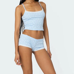 LIZAKOSHT - y2k Lounge Set Women Nightwear Heart Print Lace Trim Scoop Neck Crop Tops and Low Rise Mini Shorts 2 Piece Sleepwear