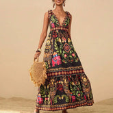 LIZAKOSHT - Women Fashion Print Loose Holiday Beach Dress Spring Double V Neck Backless Long Dress Summer Tie-up Sling Boho Maxi Dress Mujer