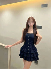 LIZAKOSHT - 2000s Harajuku Vintage Slim One Piece Dress Korean Y2k French Elegant High-End Mini Dress Japan Style Dark Gothic Strap Dress