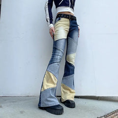 LIZAKOSHT - Flare Jeans Contrast Patchwork Low Waist Women'S High Street Vintage Y2K Skinny Blue Denim Trouser Harajuku Outfits