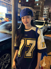 LIZAKOSHT - Blue Sports Oversized T Shirt Women Patchwork Raglan Short Sleeve Casual Tops American Football Summer Hip Hop Tshirts