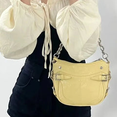 LIZAKOSHT - Retro Yellow Shoulder Messenger Bag Women Hot Girls Leather Chain Shoulder Bags Female Harajuku Handle Handbag Aesthetic