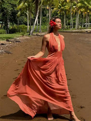 LIZAKOSHT - Sexy Pleated Deep V Halter Maxi Dress Women Elegant Backless Sleeveless Solid Long Dresses Fashion Lady Vacation Beach Vestidos