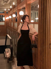 LIZAKOSHT - Black France Vintage Elegant Midi Dresses for Women Summer Beach Sexy Party Ladies Casual Retro Korean Style One-piece Clothes