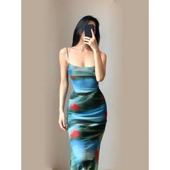 LIZAKOSHT - French Retro Dress Figure-hugging Tie-dye Halter Dress Slimming Women Seaside Vacation Fashionable Sexy Stylish Women's Clothing