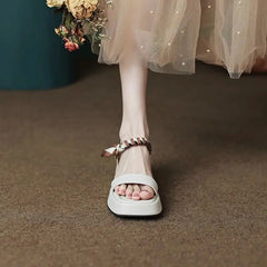 LIZAKOSHT - Footwear Wedge Platform Waterproof Summer One Word Sandals for Women Beige Ladies Shoes Office Work with Medium Heels Sale