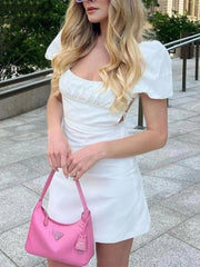 LIZAKOSHT - Sexy Ruched Chest Square Collar Puff Sleeve Cross Lacing up Big Backless Dress Women Mini Party Dresses Holiday Robe White