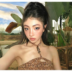 LIZAKOSHT - Chic American Outdoor Vintage Halter Sleeveless Tank Tops Y2k Aesthetic Harajuku Leopard Print Sexy Camisole Summer Punk Tops