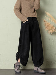 LIZAKOSHT - Korean Corduroy Women Pants Fall Winter Plush Warm Loose Casual Harem Trousers Retro High Waist Button Streetwear Wide Leg Pants