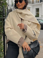 LIZAKOSHT - Woolen Coat Women Elegant Fashion Overcoat with Scarf Autumn Winter Loose Short Coats Ladies High Street Chic Cropped Outerwear