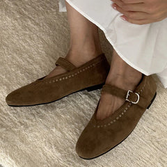 LIZAKOSHT - Round Toe Ladies Ballet Flats Back Strap Women Lolita Casual Outside Autumn Fashion Brand Rivet Shoes Suede Mary Jane Mujer
