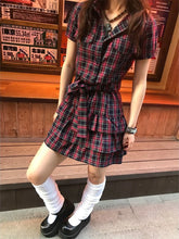 LIZAKOSHT - Vestidos De Mujer Summer Woman Dress Preppy Style Short Sleeve Bandage Vintage Shirt Robe Femme Casual Plaid A-line Dresses
