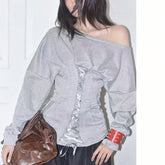 LIZAKOSHT - Irregular Diagonal Collar Long Sleeve Skinny Criss-cross Lace Up Fashion Solid Color Long Sleeve Tops Women Sexy Streetwear