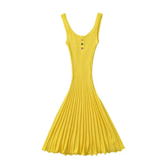 LIZAKOSHT - 4 COLORS Sexy U collar Sleeveless Rib Knitting Dress Women Skinny Slim Fit Hem Pleated A-lined Short Tank Robe Pink Yellow Black