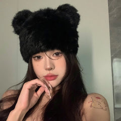 Lizakosht Korean Black Bear Ears Rabbit Fur Hat Cute Plush Wrap Head Cap Cold Warm Fur Caps