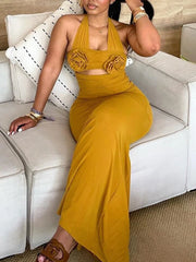 LIZAKOSHT - Solid Spliced Appliques Slimming Backless Dresses for Women Halter Sleeveless High Waist Temperament Dress Female Fashion