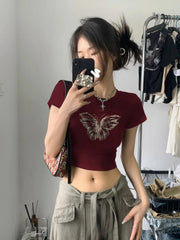 LIZAKOSHT - Red Cotton Cropped T Shirt for Women Girl Vintage Butterfly Graphic Streetwear Tee Tops Tshirt Summer Croptop