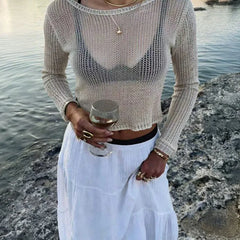 Women Casual Mesh Sheer Long Sleeve Cropped Top Hollow Out Knit Cover Up Shirt