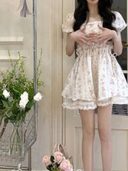 LIZAKOSHT - Summer Floral Sweet Mini Dress Women Square Collar Elegant Party Dress Style Office Lady One Piece Dress Korean Fashion