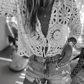 LIZAKOSHT  -  Autumn Sexy V-neck Lace-Up Knit Cardigan Women's Casual Long Sleeve Solid Color Shirt Spring Elegant Hollow Out Jacquard Blouse