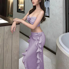 LIZAKOSHT - 2 Piece Set y2k Summer Outfits Women Strapless 3D Rosette Halter Tops + Asymmetrical Ruffle Hem Skirt Party Clubwear
