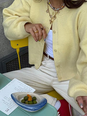 LIZAKOSHT - Fashion Single Breasted Knitted Coats Women Elegant Solid O-neck Lantern Sleeve Cardigan Lady Summer Chic Casual Holiday Tops