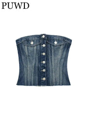 LIZAKOSHT - Women Fashion DenimTight Top Summer Ladies Vintage Sexy Tops With Front Button Slim Female Chic Top