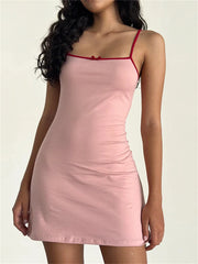 LIZAKOSHT - Color-Block Bow Spaghetti Strap Mini Dress Slim A-Line Summer Dress For Women Chic Summer Fashion Casual Outings