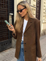 LIZAKOSHT  -  Women Vintage Loose Brown Suede Jacket Fashion Lapel Long Sleeves Single Breasted Coat Spring Autumn Female Street Outerwear