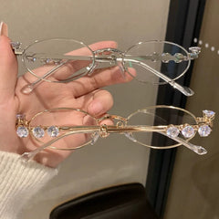 LIZAKOSHT - Small Oval Shades Eyeglasses Women Retro Rhinestone Diamonds Eyewear Metal Frames Anti Blue Light Reading Glasses Accessorties