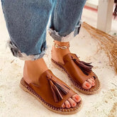 LIZAKOSHT - Women's Flat Sandals Resorts Handmade Tassels Wholesale Summer Shoes for Women Retro Design Female Slides Mules Size 41-43