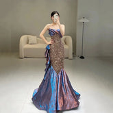 LIZAKOSHT - Purple Strapless Shiny Prom Dresses Sleeveless Mermaid Pleated Sexy Laser gradient 2024 New Formal Party Cocktail Evening Gowns