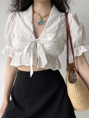 LIZAKOSHT - White Crop Blouses Women Summer Short Sleeve Top Female Sweet Vintage Bandage Shirt Ladies Elegant Chic V-Neck Blusas Ropa Mujer